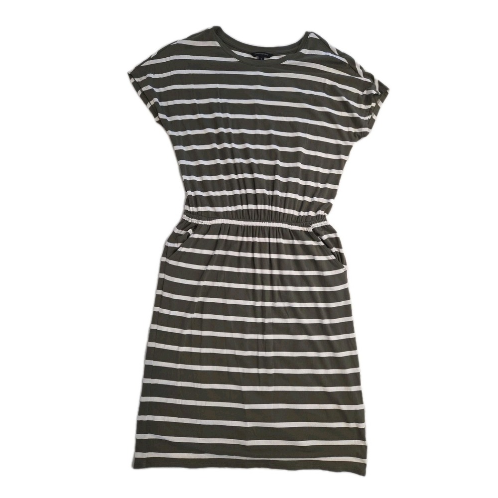 Women's Banana Republic Knit Dress Small Green Olive White Stripe Mini Pockets